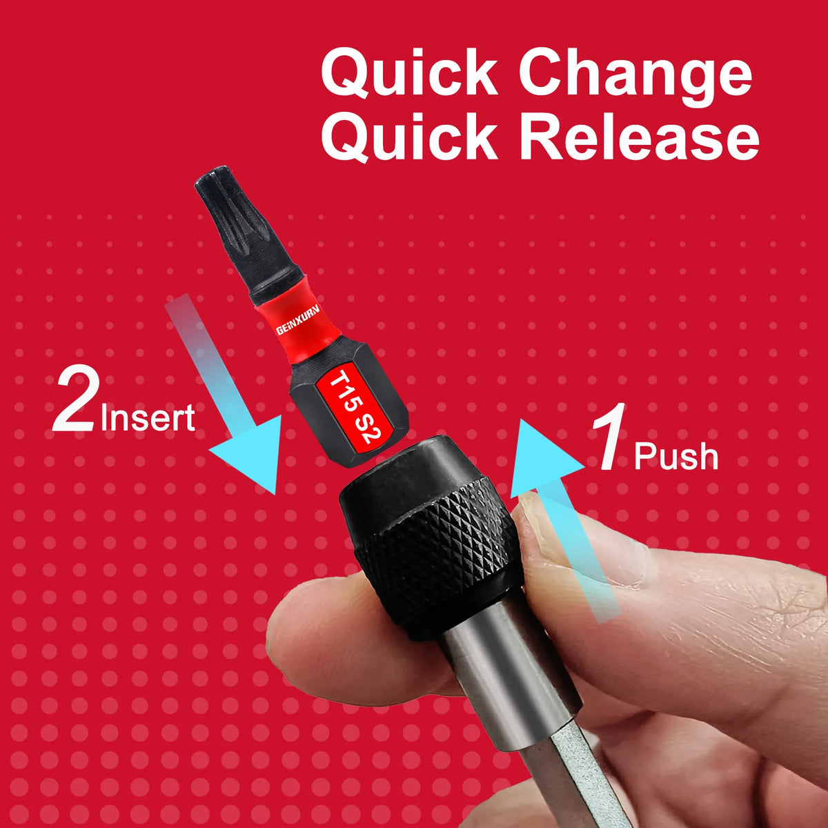 A hand is shown inserting a screwdriver bit into a handle for a quick change release mechanism.