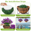 DIY installation steps showing how to put grass and foam together and insert flowers into a hanging basket