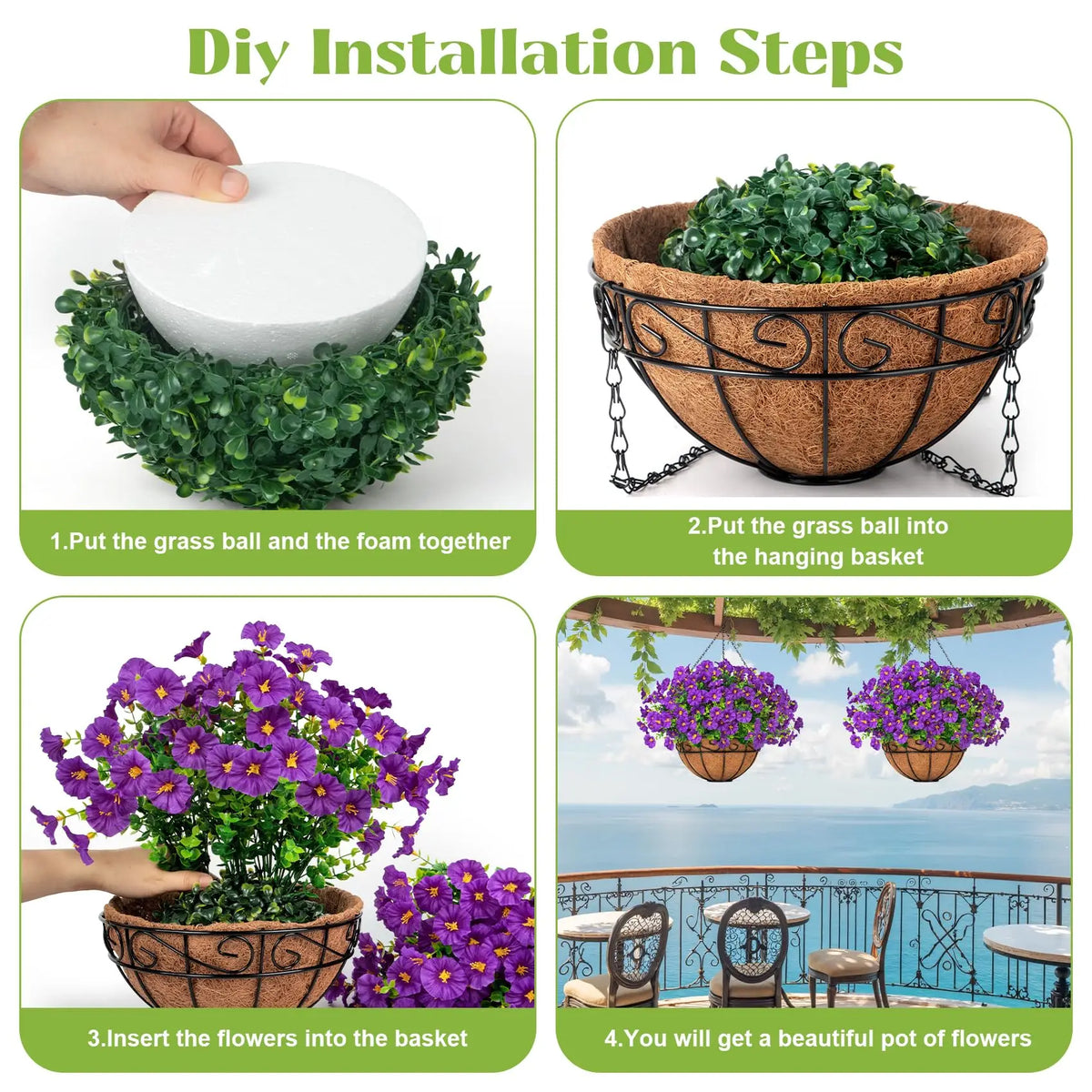 DIY installation steps showing how to put grass and foam together and insert flowers into a hanging basket