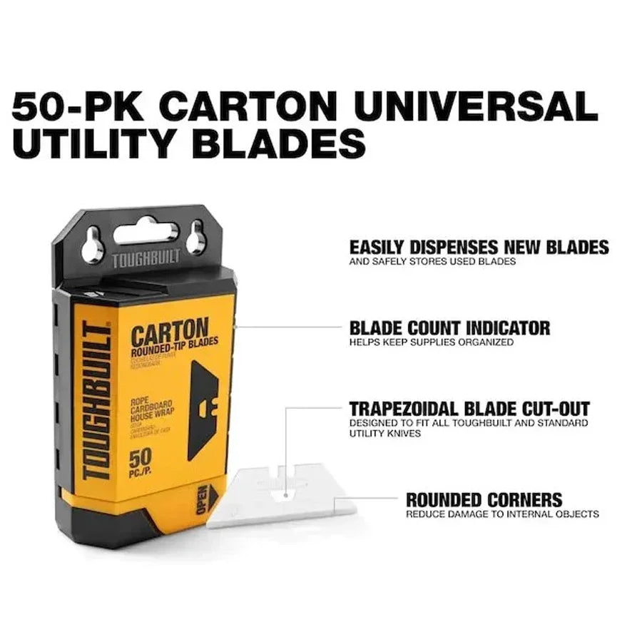 A yellow ToughBuilt carton holding 50 universal utility blades with a blade count indicator and rounded corners.