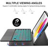 A black detachable wireless keyboard case for an iPad, showing multiple viewing angles and a magnetic stick feature.