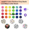 A collection of colorful rainbow pony beads and letter beads in various shapes and sizes for crafting.
