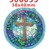 A circular acrylic hair bow decoration featuring a cross and doves, with dimensions 38x40mm.