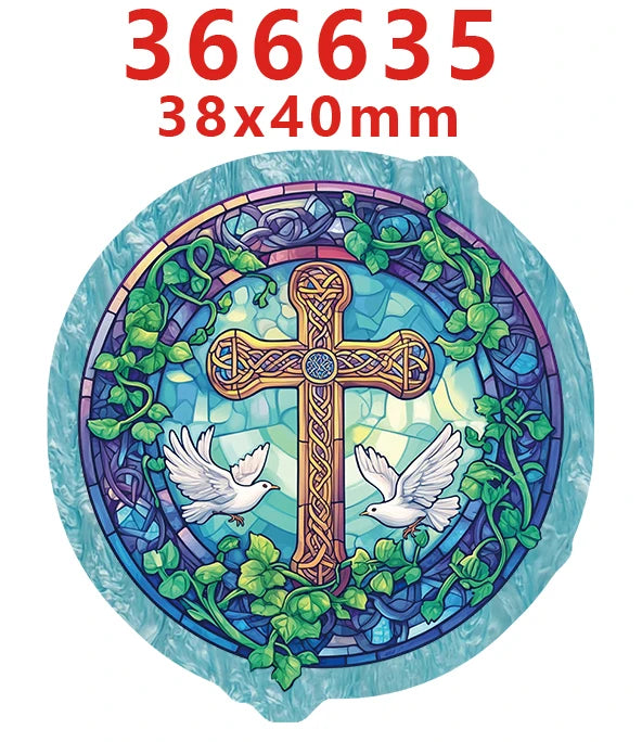 A circular acrylic hair bow decoration featuring a cross and doves, with dimensions 38x40mm.