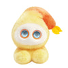 A yellow plush robot with orange accents and blue LED eyes.