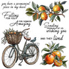 A watercolor illustration featuring a falling heart, a bicycle, and oranges, designed for card making.