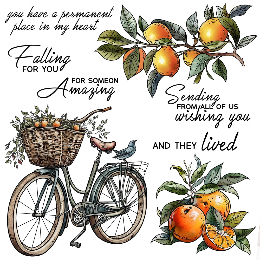 A watercolor illustration featuring a falling heart, a bicycle, and oranges, designed for card making.