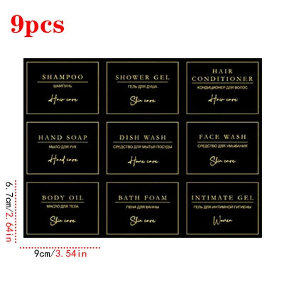 A set of 9 personal care products including shampoo, shower gel, conditioner, hand soap, dish wash, body oil, bath foam, and 