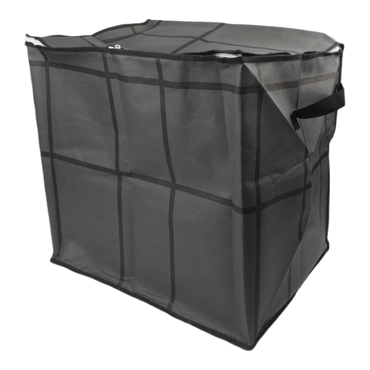 A black foldable large-capacity wardrobe storage bag with a plaid pattern and a black strap.