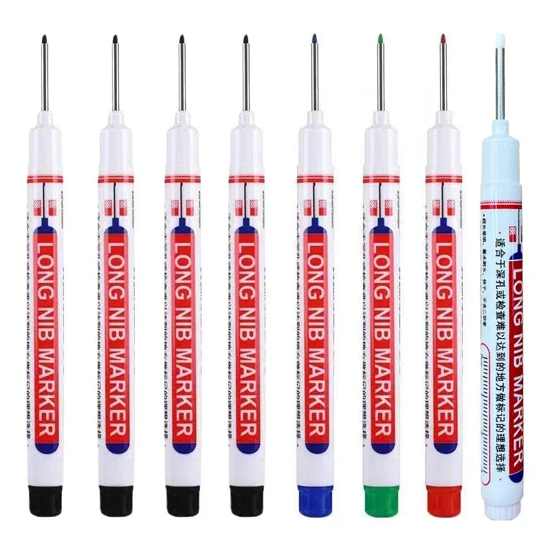Eight long nib markers for deep holes used in metal and woodworking