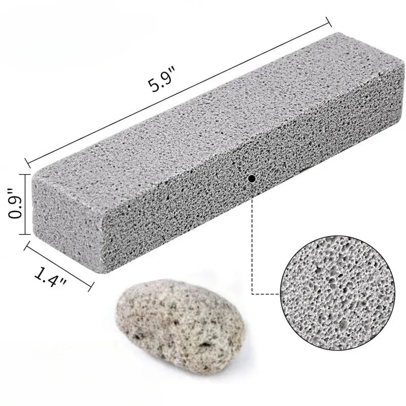 A rectangular gray pumice stone cleaning stick with dimensions 5.9 inches long and 0.9 inches high, shown next to a rounded s