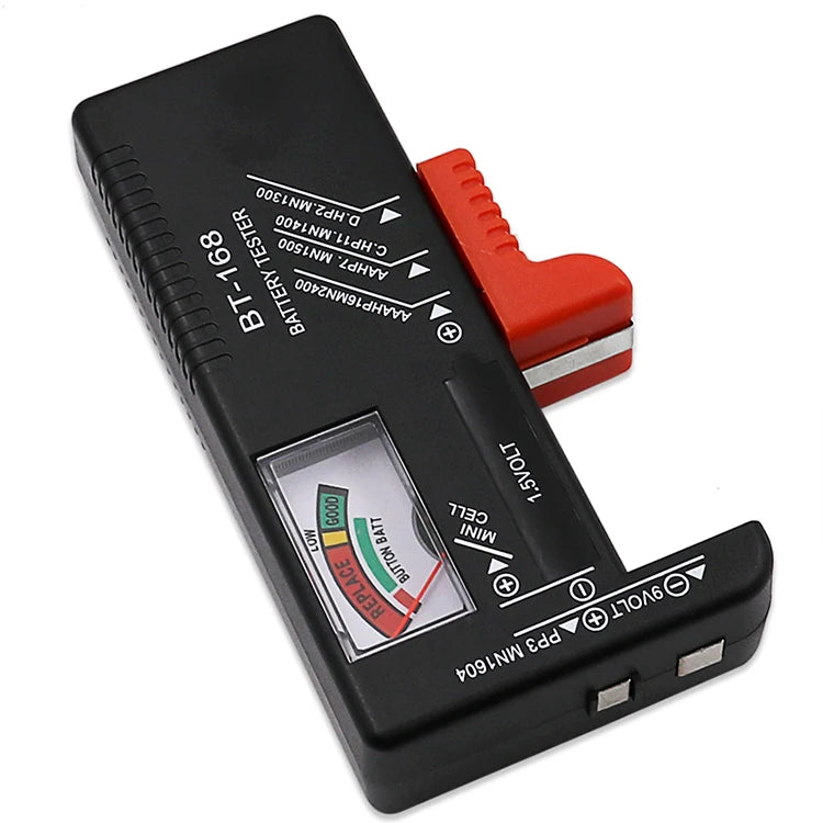 Black battery tester device showing various battery types and voltage readings.