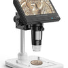 A black digital microscope with an LCD screen is mounted on a white base for detailed inspection and soldering.