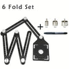 A set of six foldable aluminum angle rulers with locking segments and measurement tools.