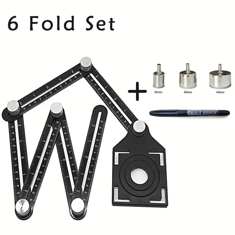 A set of six foldable aluminum angle rulers with locking segments and measurement tools.