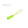 A bright lime green plastic zipper pull with a loop, labeled Color No. 13.