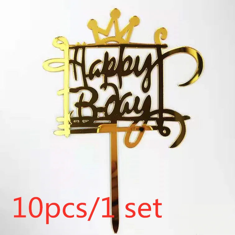 Gold Acrylic Happy Birthday Cake Toppers (Set of 10)