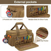 A tan heavy-duty tool bag with a padded handle showing external pockets, multiple slots for short tools, and a mesh zip pocke