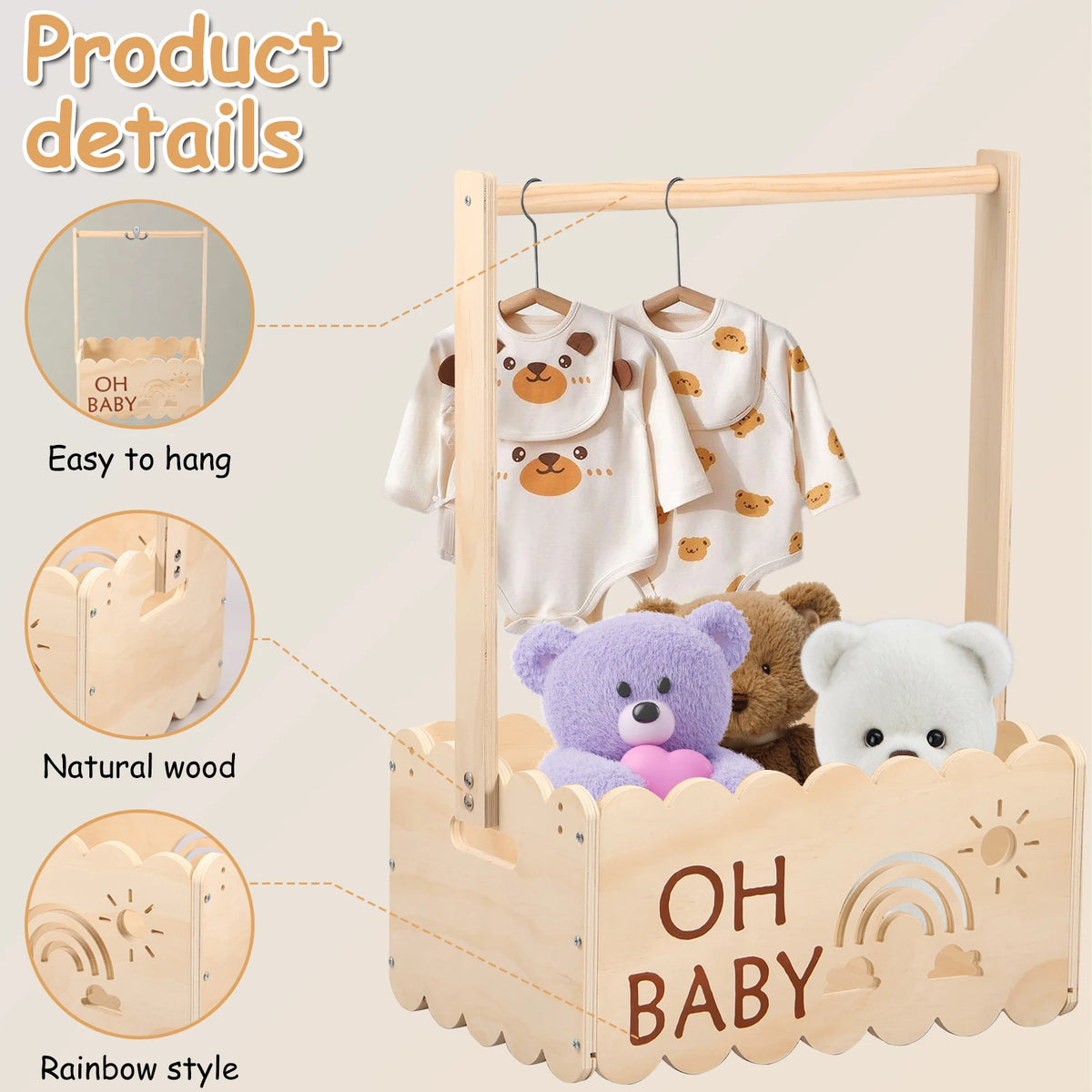 A wooden baby shower crate with a rainbow design and hangers displaying baby clothes.