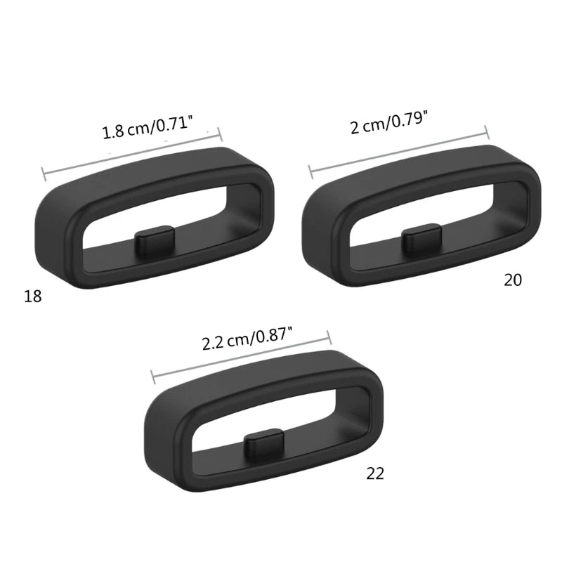 A set of silicone watch strap retainers in black, shown at different sizes and angles.