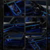 Close-up shots of a car interior featuring blue LED ambient lighting strips controlled by an app.