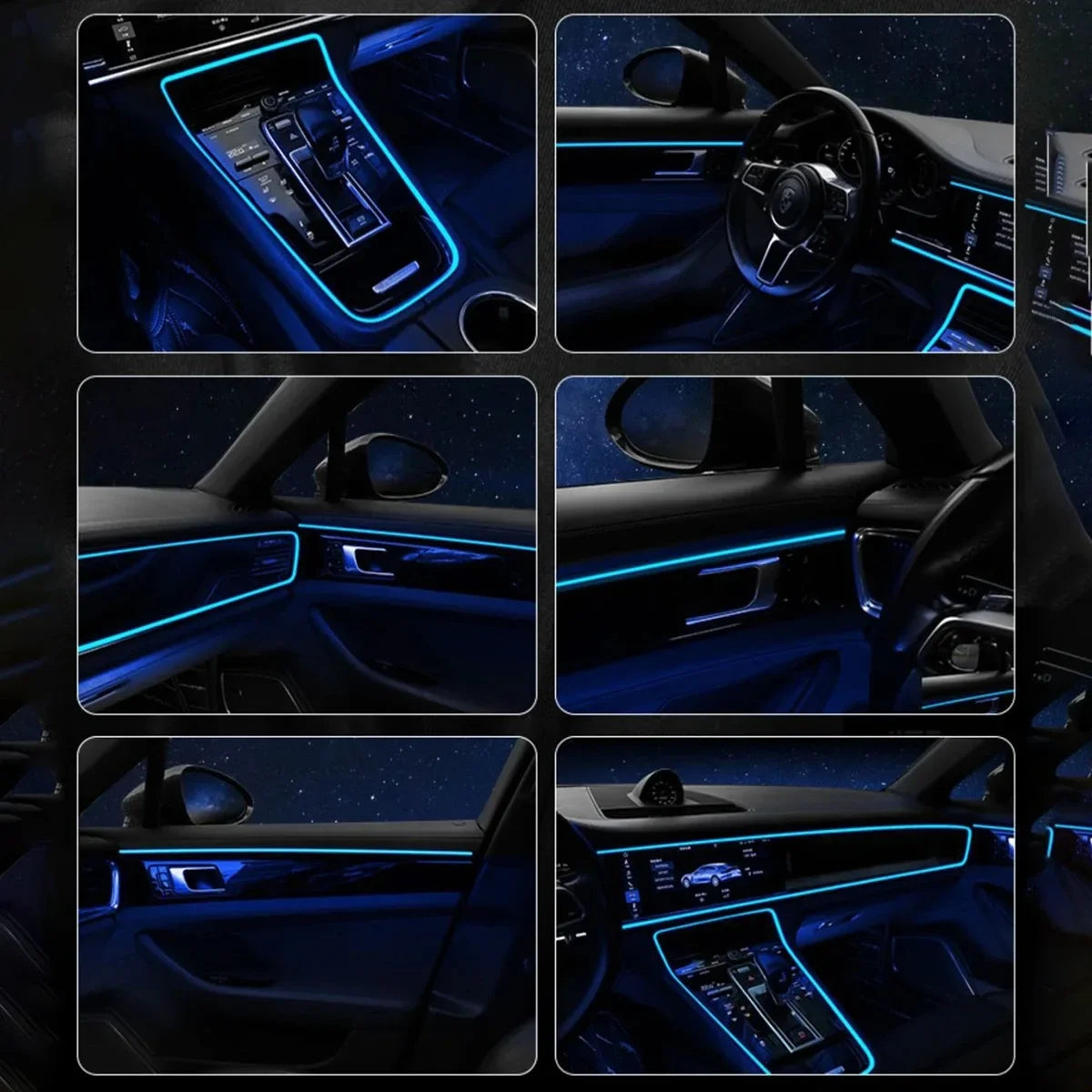 Close-up shots of a car interior featuring blue LED ambient lighting strips controlled by an app.