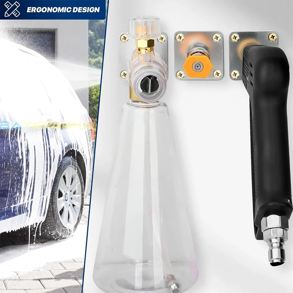 Wall-mounted pressure washer accessory storage rack with quick connect holders and a glass spray bottle.