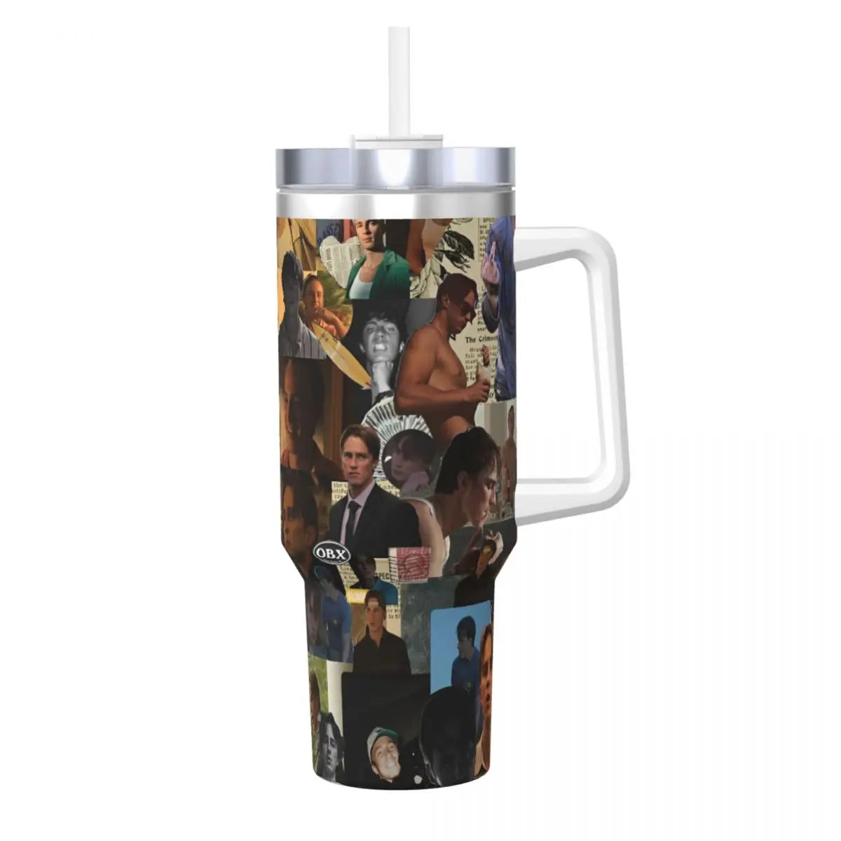 A clear insulated stainless steel tumbler with a straw lid featuring a collage of people's faces.