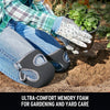 A person wearing denim jeans is using soft foam knee pads to handle a potted plant in a garden setting.