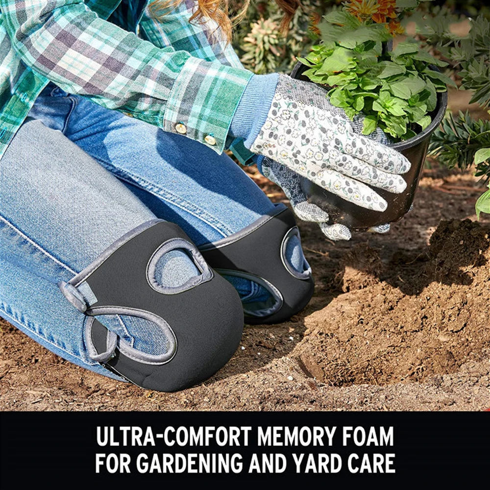 A person wearing denim jeans is using soft foam knee pads to handle a potted plant in a garden setting.