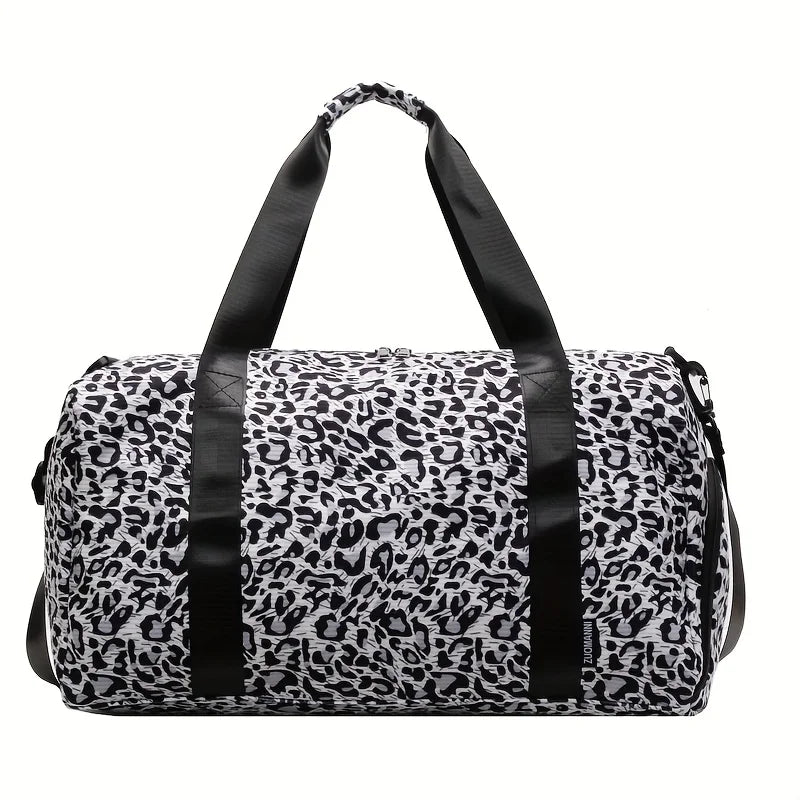 Black and white leopard print weekender tote bag with shoulder straps