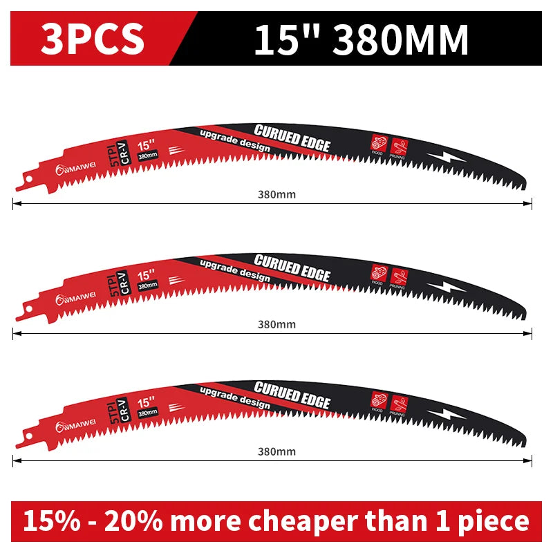 Three 15 inch 380mm curved edge steel reciprocating saw blades for wood pruning.