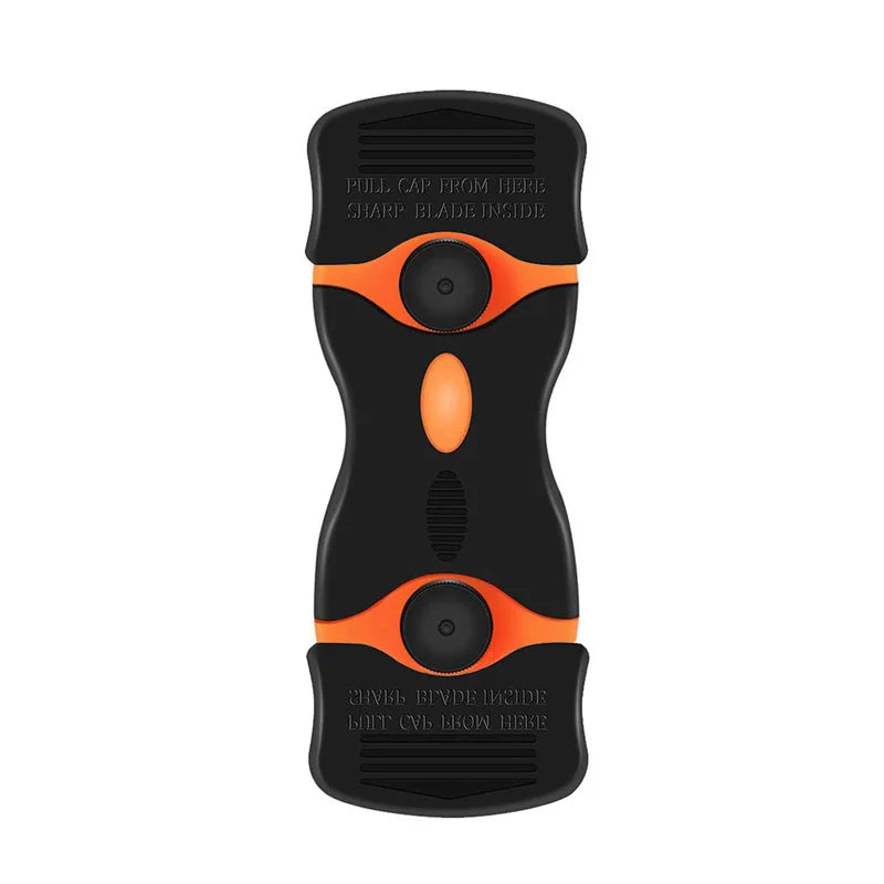 A black tool with an orange handle used for scraping stickers, paint, and adhesive residue.