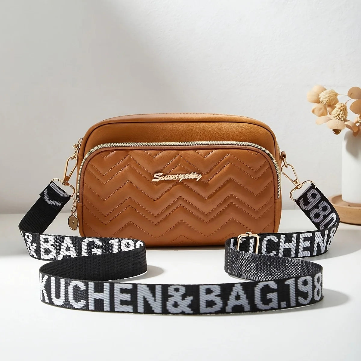 Quilted Crossbody Camera Bag with Wide Letter Strap