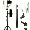 A black ring light tripod kit featuring a circular light, mounting bracket, and remote control.