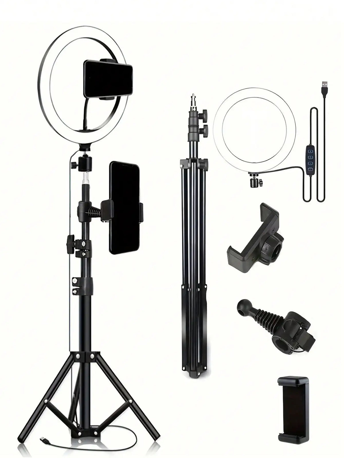 A black ring light tripod kit featuring a circular light, mounting bracket, and remote control.