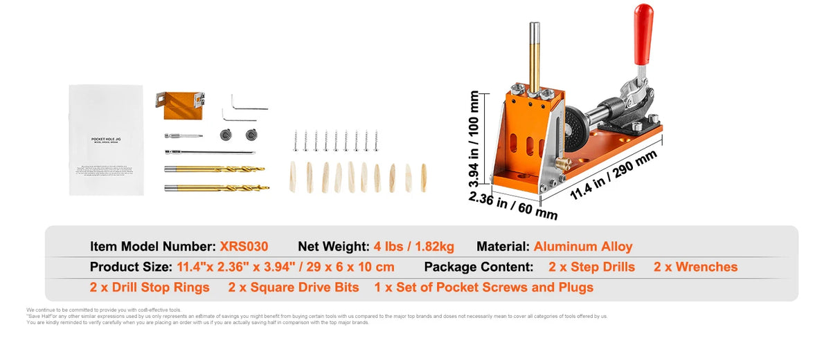 Adjustable Aluminum Pocket Hole Jig Kit with Step Drills