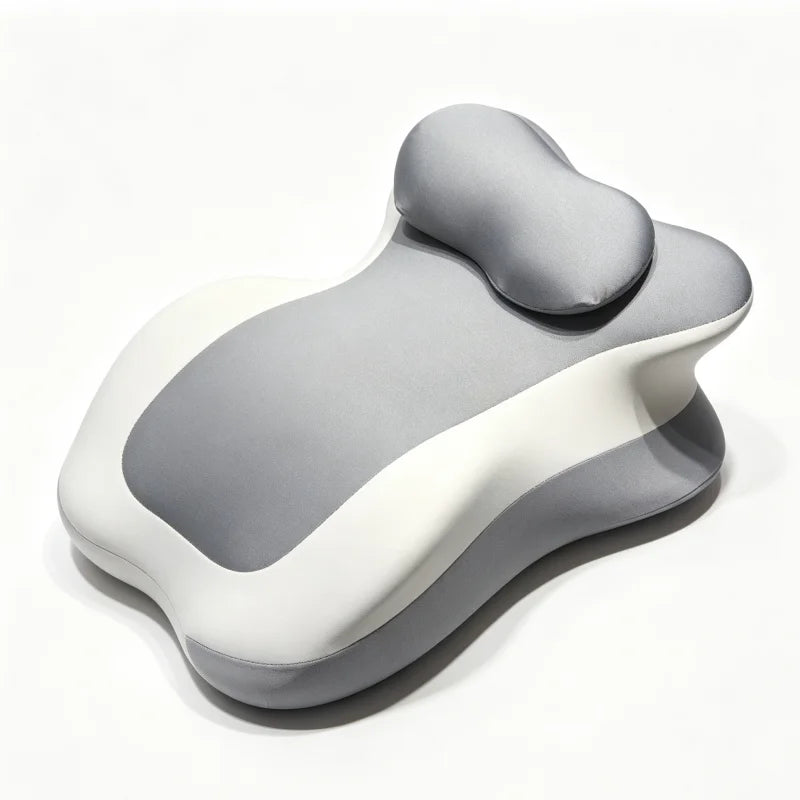 A light gray and white multi-positional memory foam body pillow with a removable cover.