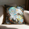 A dark cushion cover featuring a detailed print of the Monster Hunter Rathalos and Nargacuga dragons in blue, white, and oran