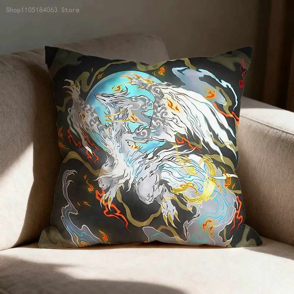 A dark cushion cover featuring a detailed print of the Monster Hunter Rathalos and Nargacuga dragons in blue, white, and oran