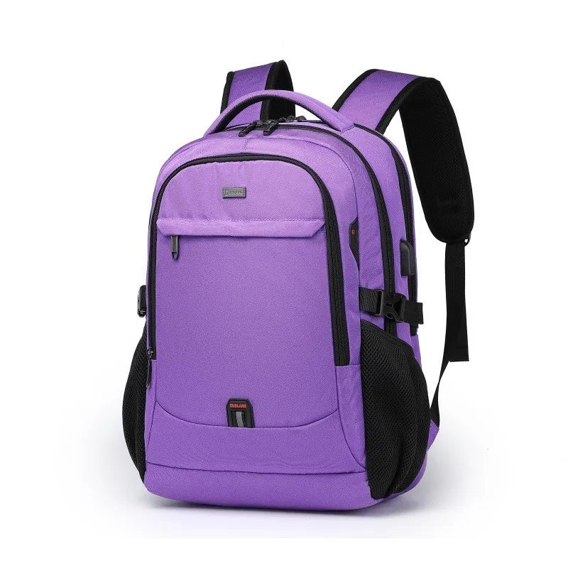 A purple laptop backpack with black straps and a USB charging port.