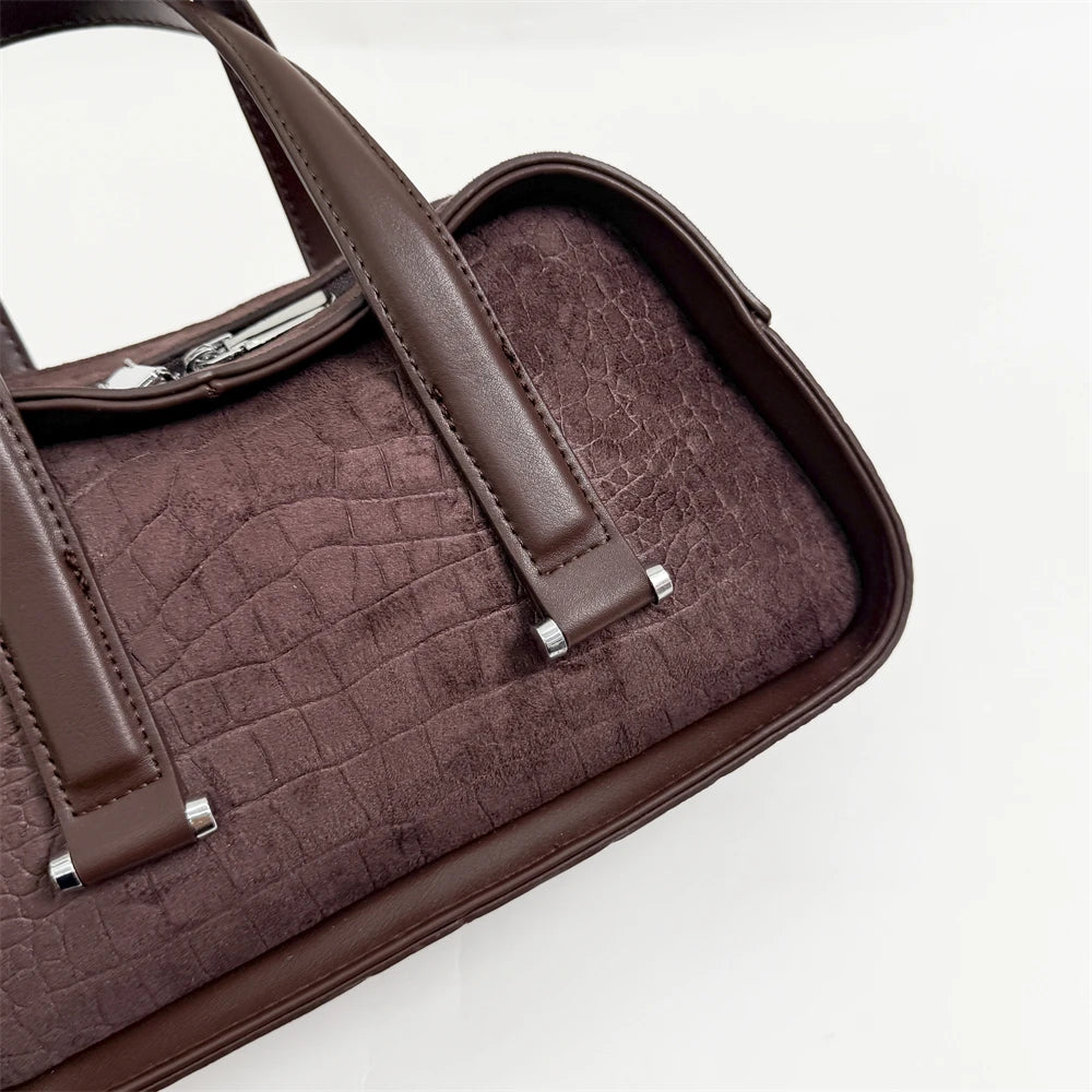 Vintage Croc-Embossed Mini Boston Bag with Dual Straps