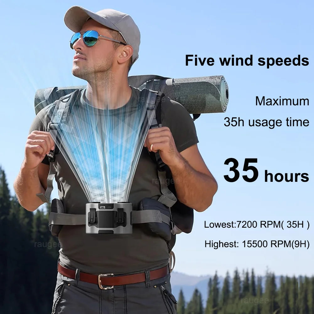 Un homme tient un ventilateur portable à taille avec cinq vitesses et une batterie de 20 000 mAh en extérieur.