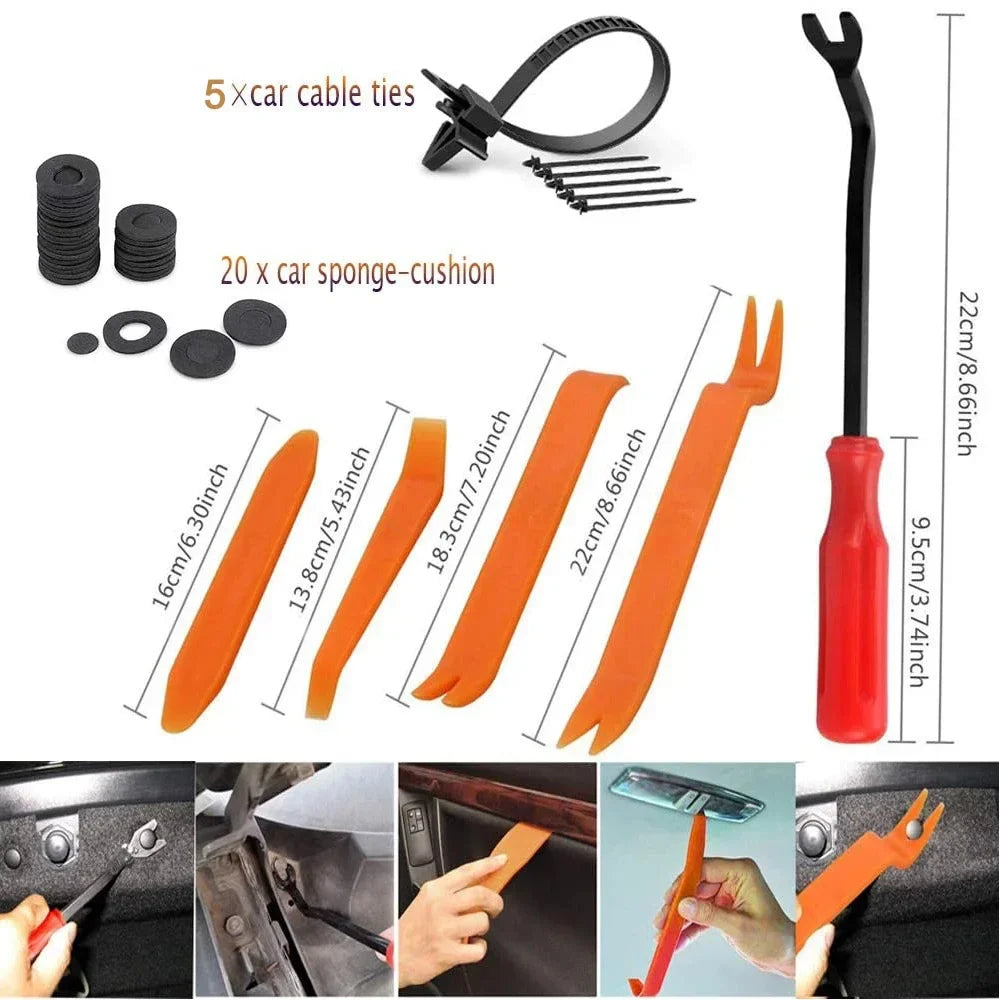 Assortment of auto trim clips, silicone cushions, and a fastener remover tool for car interior work.