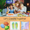 A set of water marbling painting supplies including paints, tools, and plastic molds for a kids DIY art project.