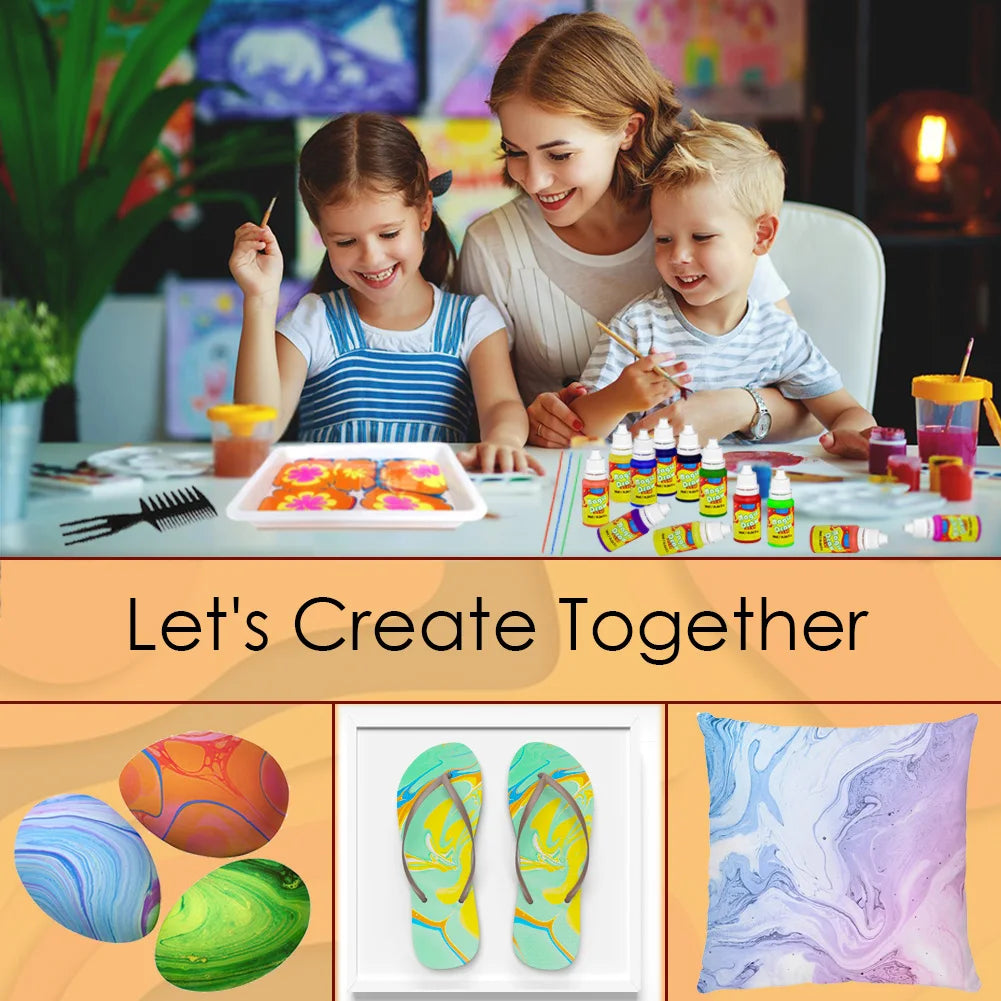 A set of water marbling painting supplies including paints, tools, and plastic molds for a kids DIY art project.