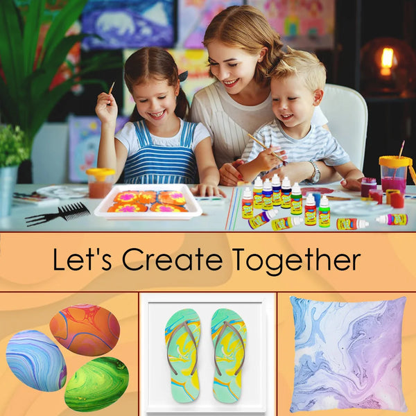 A set of water marbling painting supplies including paints, tools, and plastic molds for a kids DIY art project.