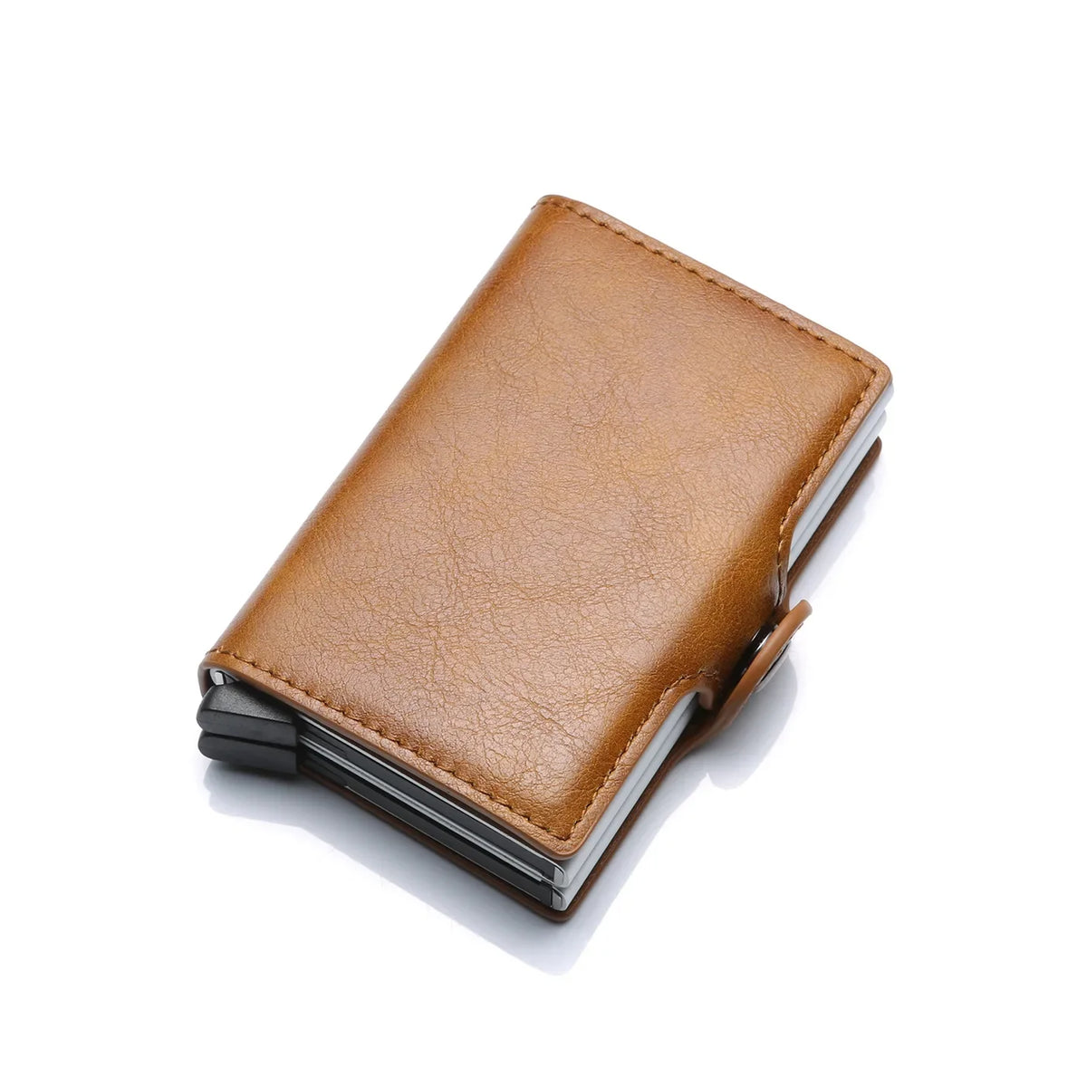 A brown leather slim wallet with a black sleeve is shown from above.
