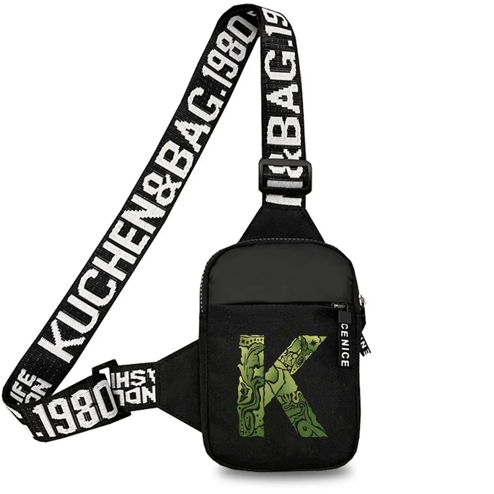 Black canvas chest bag with a wide strap featuring the text KUCHEN&BAG.1980