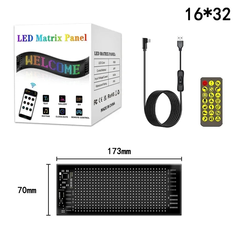 A box containing a flexible USB LED matrix panel, a cable, and a keypad control device.